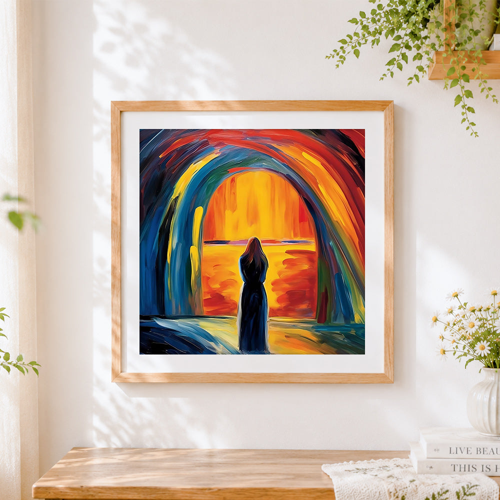 Finished woman in black under the rainbow arch cross stitch artwork displayed