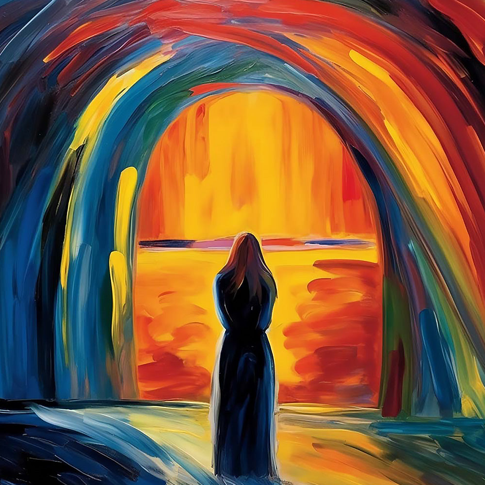 Woman in black under the rainbow arch cross stitch kit for beginners