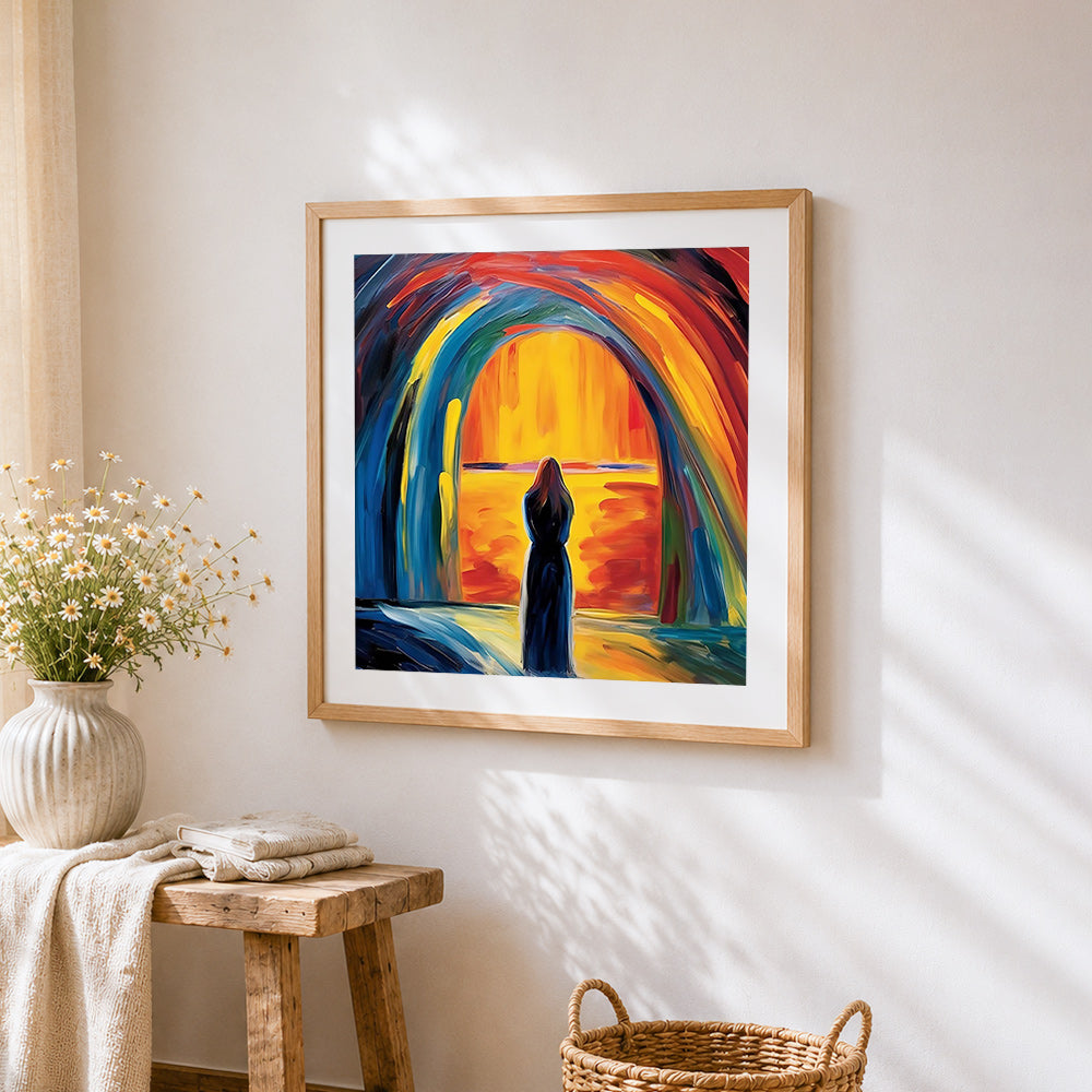 Woman in black under the rainbow arch cross stitch artwork displayed on wall as home decor