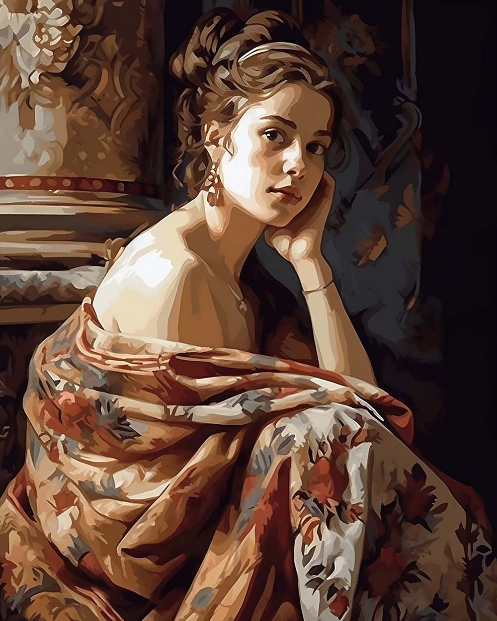 Woman in floral wrap cross stitch kit for beginners