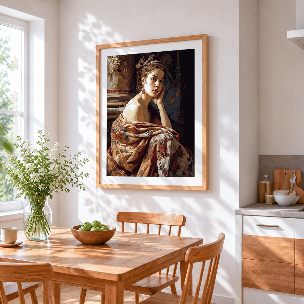 Woman in floral wrap cross stitch artwork displayed on wall as home decor