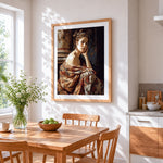 Woman in floral wrap cross stitch artwork displayed on wall as home decor