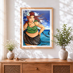 Finished woman in green bikini cross stitch artwork displayed