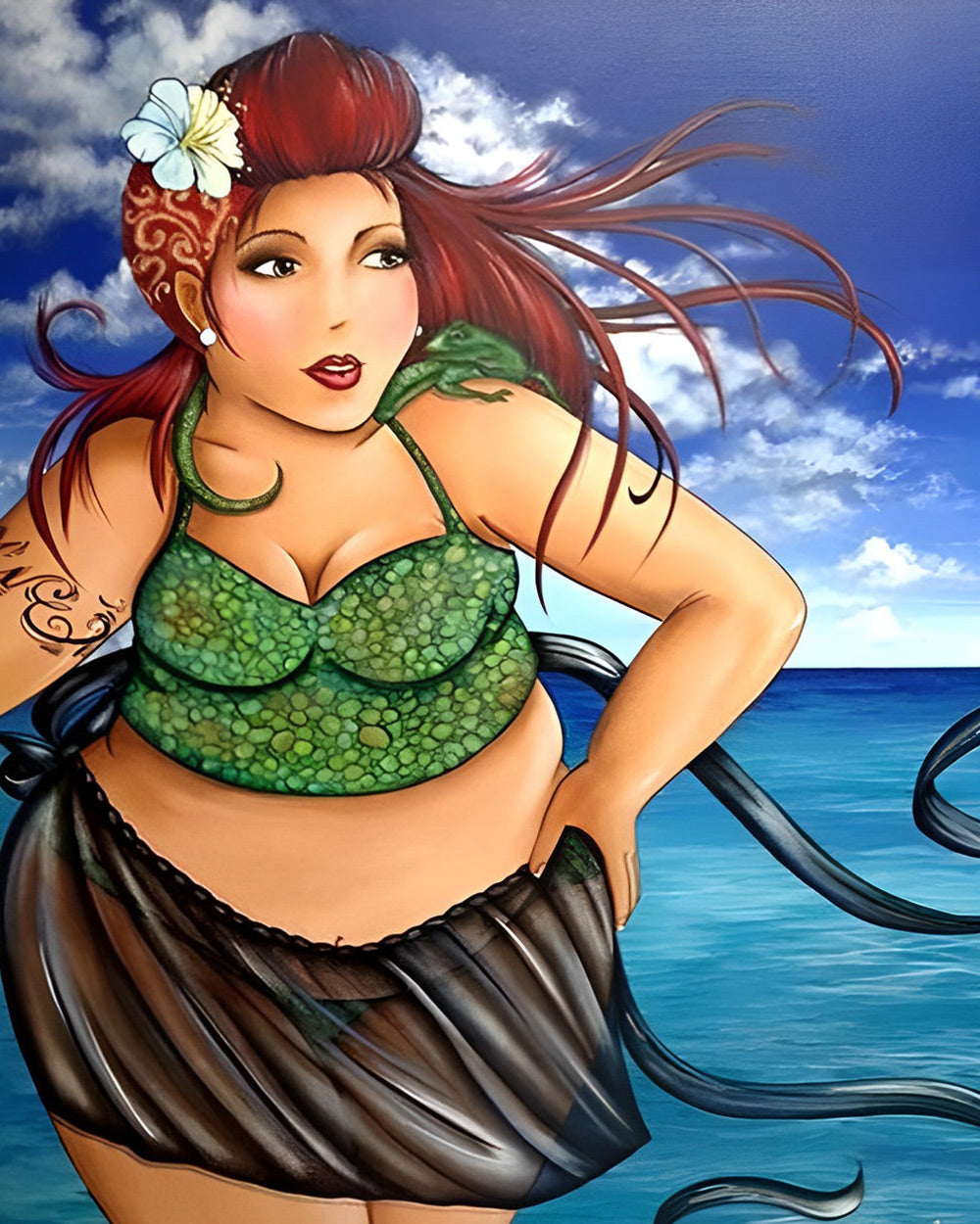 Woman in green bikini cross stitch kit for beginners