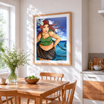 Woman in green bikini cross stitch artwork displayed on wall as home decor