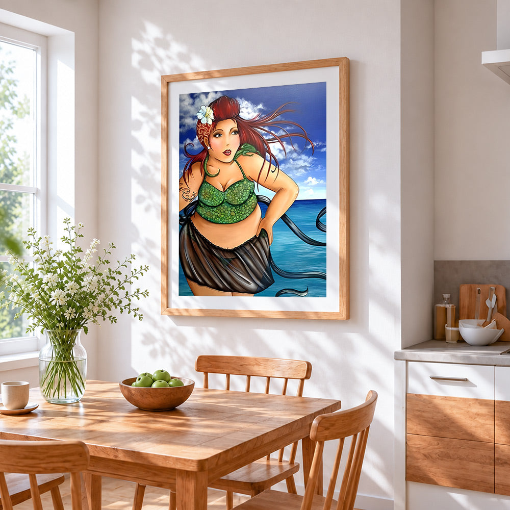 Woman in green bikini cross stitch artwork displayed on wall as home decor