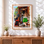 Finished woman in green dress on street cross stitch artwork displayed