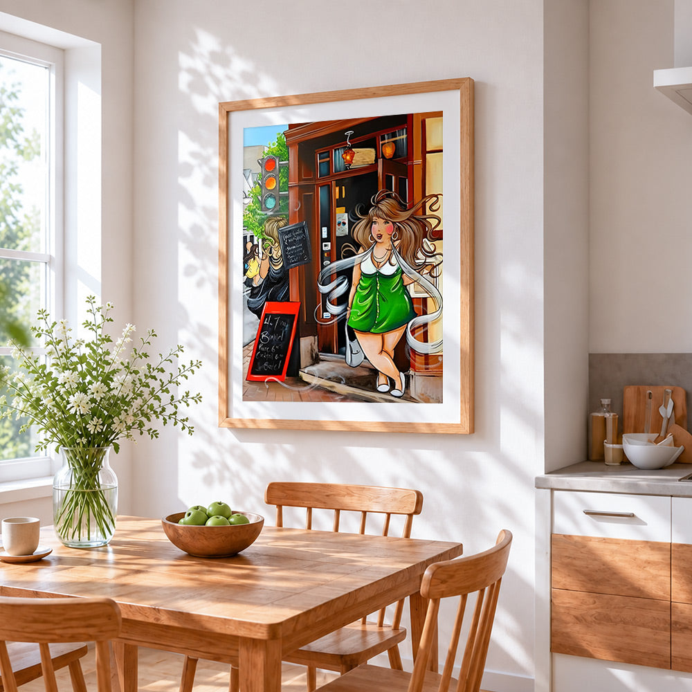 Woman in green dress on street cross stitch artwork displayed on wall as home decor