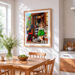 Woman in green dress on street cross stitch artwork displayed on wall as home decor