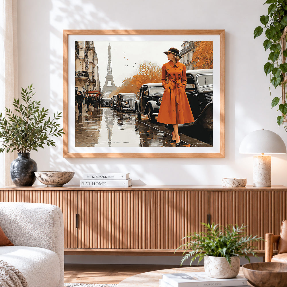 Finished woman in orange coat in paris paint by numbers artwork displayed as home decor