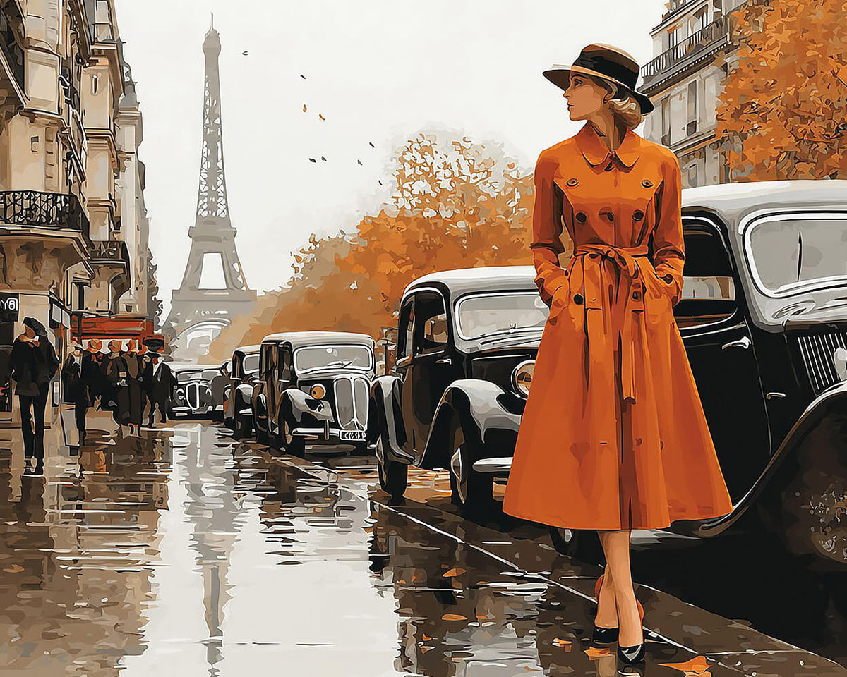 Woman in orange coat in paris paint by numbers kit for beginners