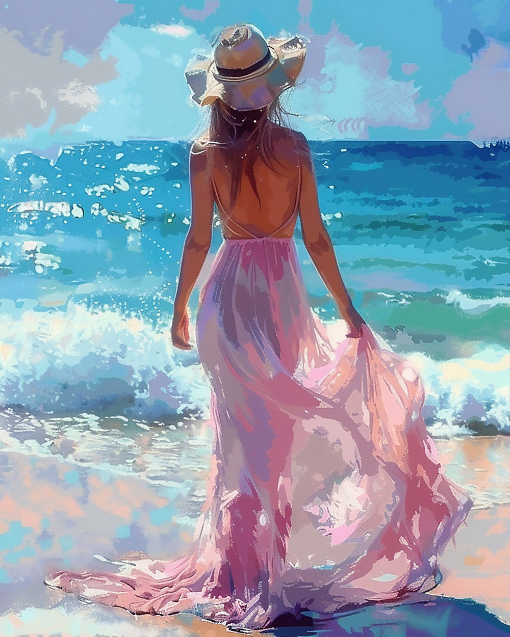 Woman in pink dress at beach cross stitch kit for beginners