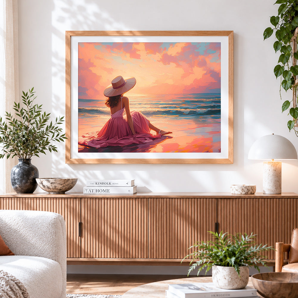 Finished woman in pink dress on the beach cross stitch artwork displayed
