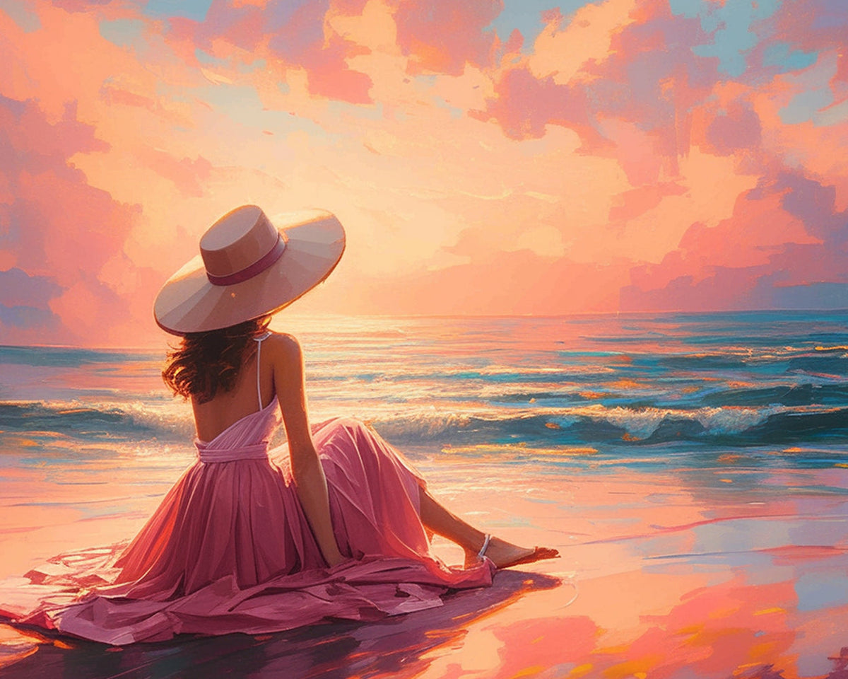 Woman in pink dress on the beach cross stitch kit for beginners