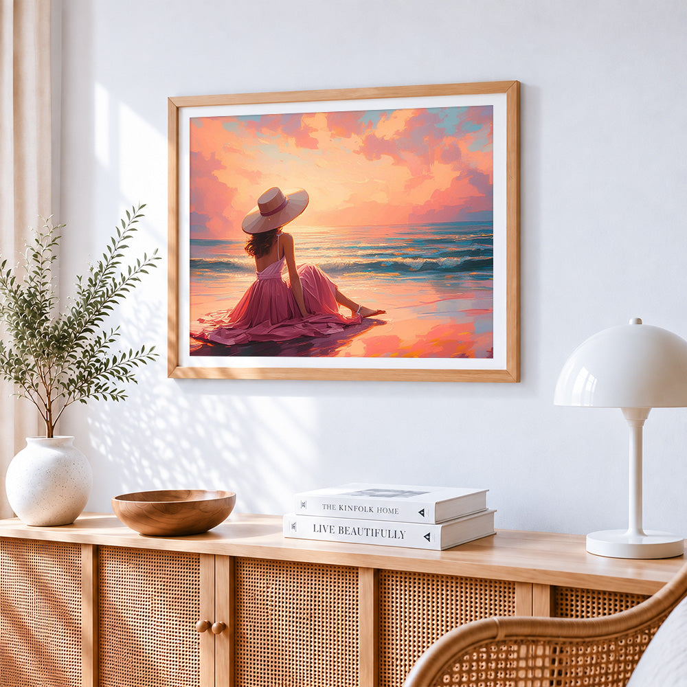 Woman in pink dress on the beach cross stitch artwork displayed on wall as home decor