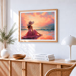 Woman in pink dress on the beach paint by numbers artwork displayed on wall as home decor