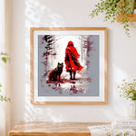 Finished woman in red coat and a wolf cross stitch artwork displayed