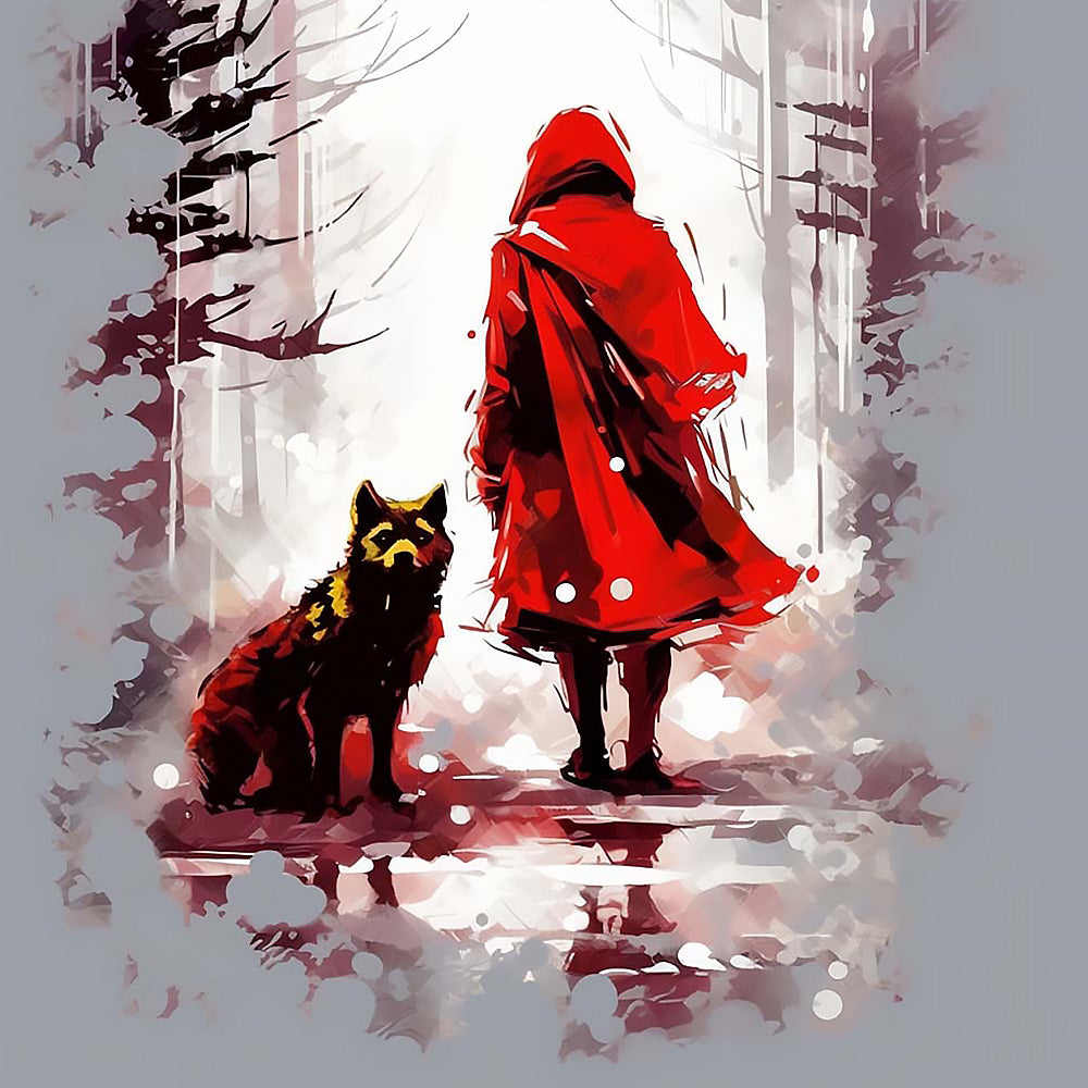 Woman in red coat and a wolf cross stitch kit for beginners