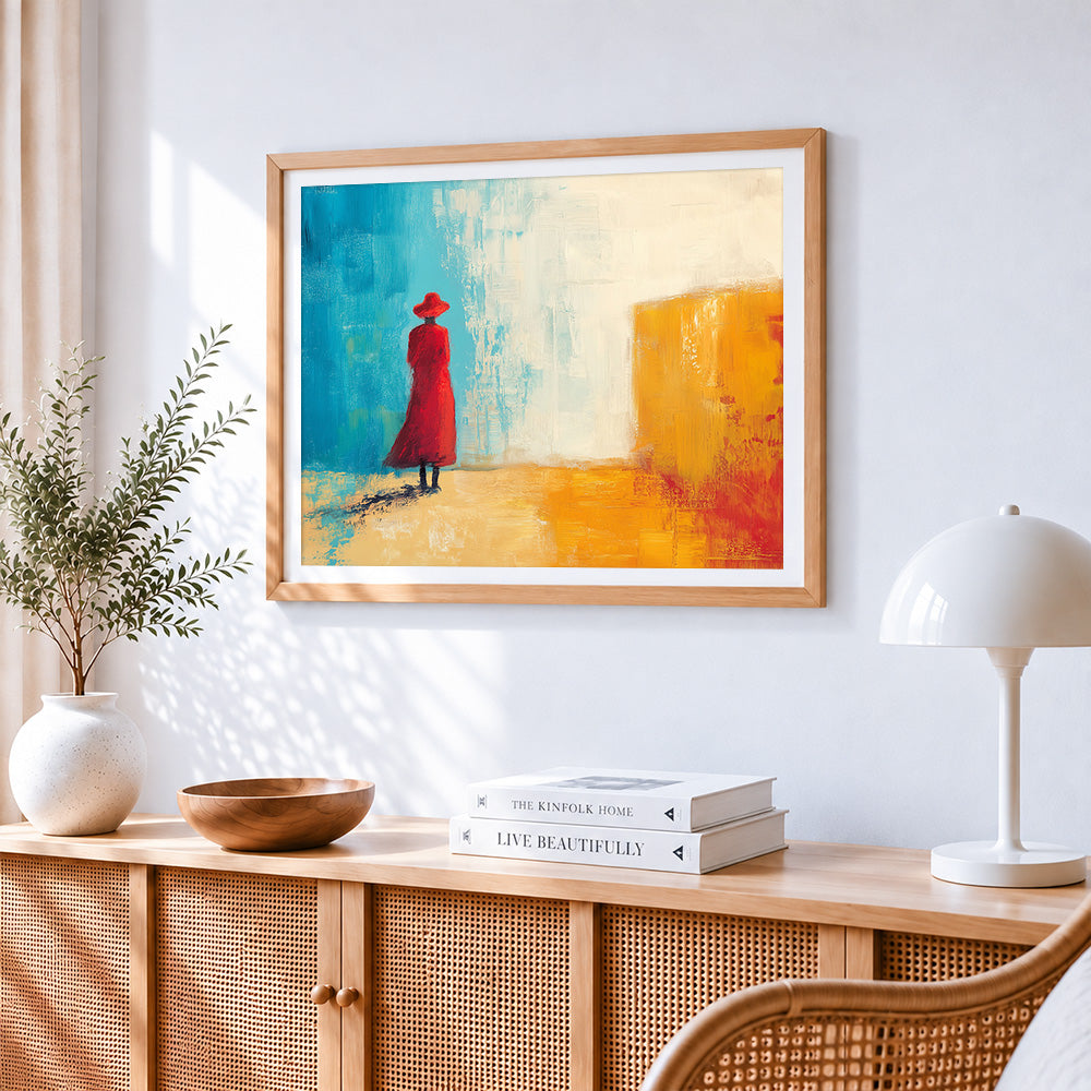 Woman in red coat cross stitch artwork displayed on wall as home decor