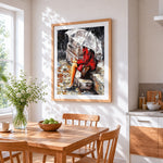 Woman in red coat in the rain cross stitch artwork displayed on wall as home decor