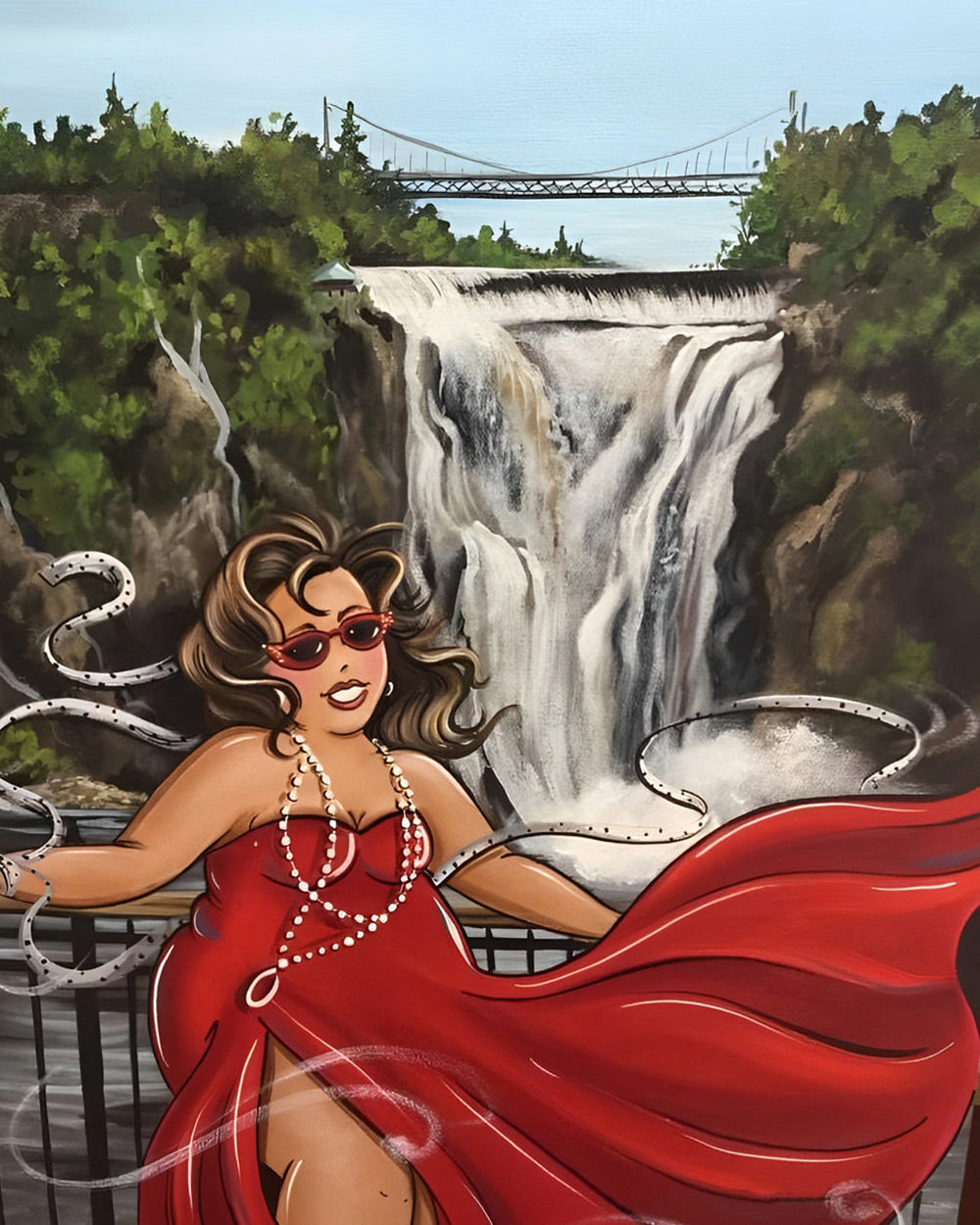 Woman in red dress by waterfall cross stitch kit for beginners