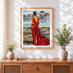 Finished woman in red dress in venice cross stitch artwork displayed