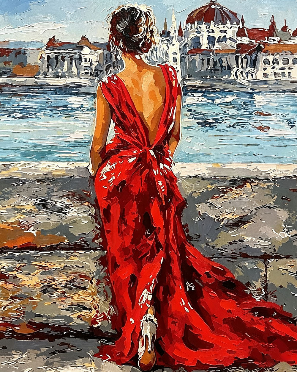 Woman in red dress in venice cross stitch kit for beginners