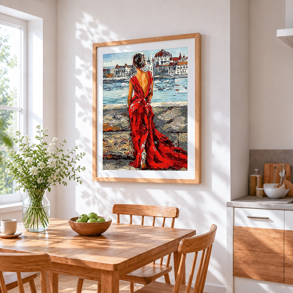 Woman in red dress in venice cross stitch artwork displayed on wall as home decor