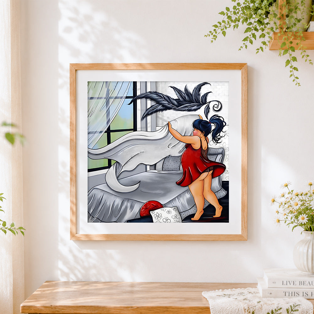 Finished woman in red dress making the bed cross stitch artwork displayed