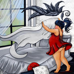 Woman in red dress making the bed cross stitch kit for beginners
