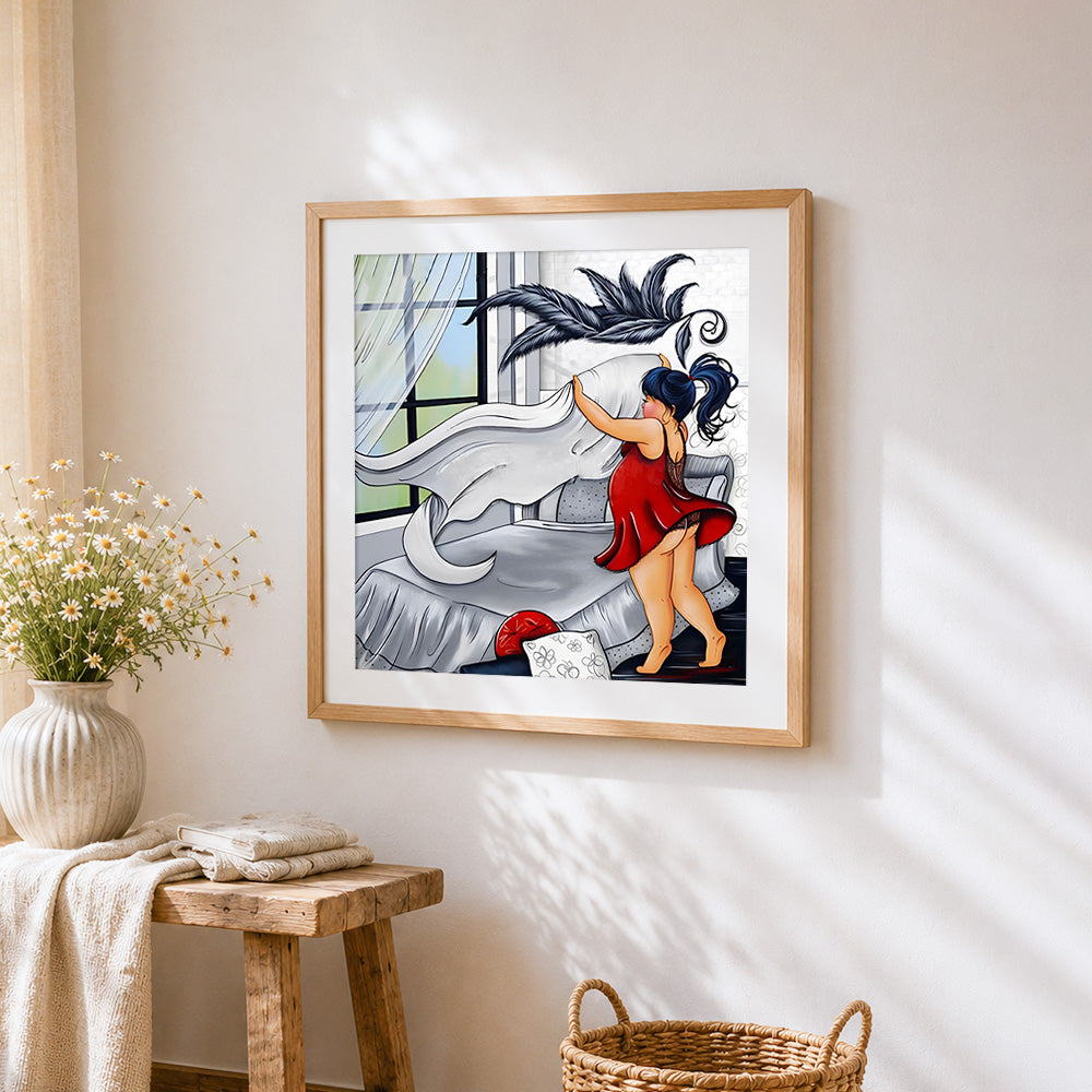 Woman in red dress making the bed cross stitch artwork displayed on wall as home decor