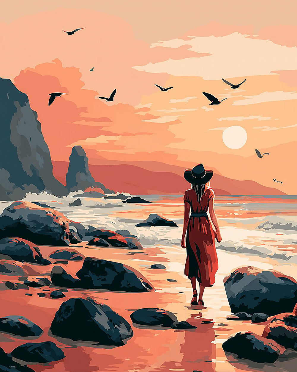 Woman in red dress walking on a beach cross stitch kit for beginners
