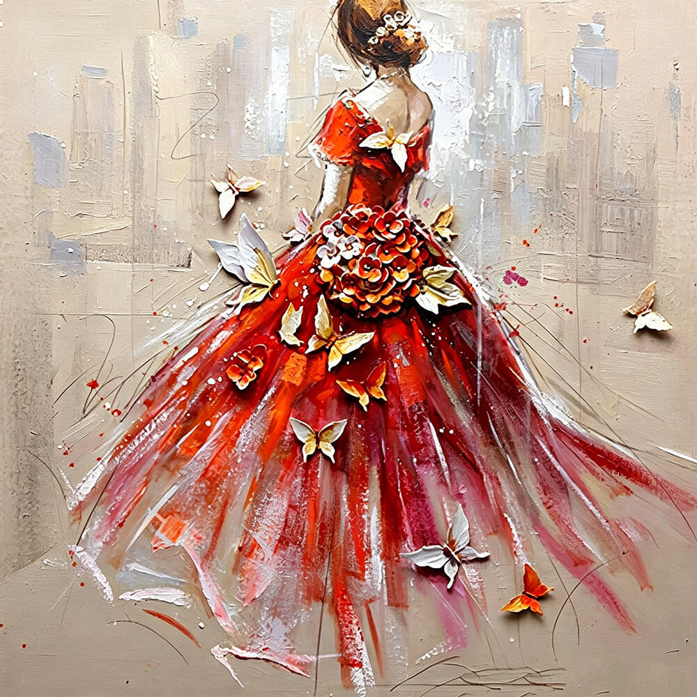 Woman in red dress with butterflies cross stitch kit for beginners