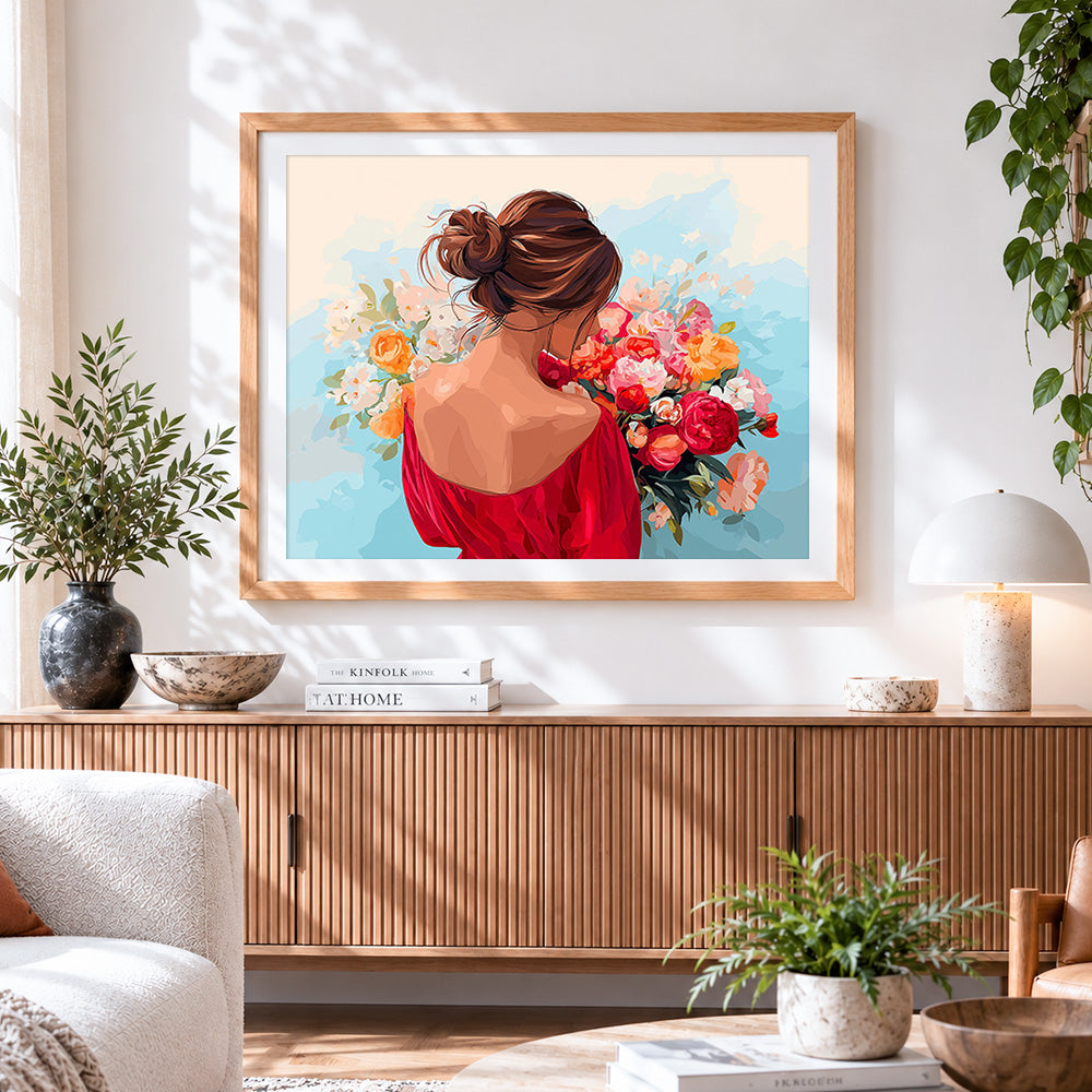 Finished woman in red dress with flowers paint by numbers artwork displayed as home decor