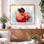 Finished woman in red dress with flowers paint by numbers artwork displayed as home decor