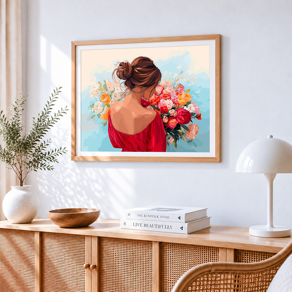 Woman in red dress with flowers paint by numbers artwork displayed on wall as home decor