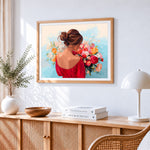 Woman in red dress with flowers paint by numbers artwork displayed on wall as home decor