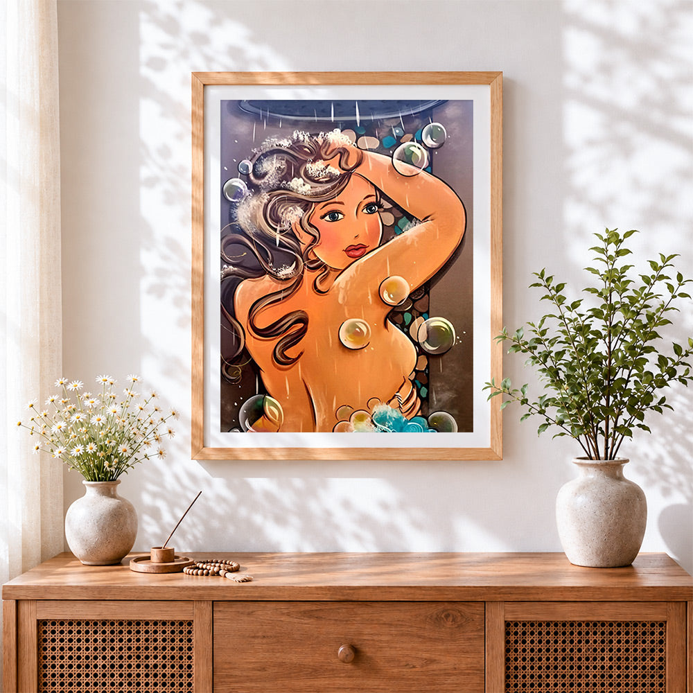 Finished woman in the shower with bubbles cross stitch artwork displayed