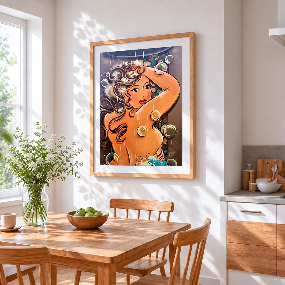 Woman in the shower with bubbles cross stitch artwork displayed on wall as home decor