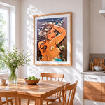 Woman in the shower with bubbles cross stitch artwork displayed on wall as home decor