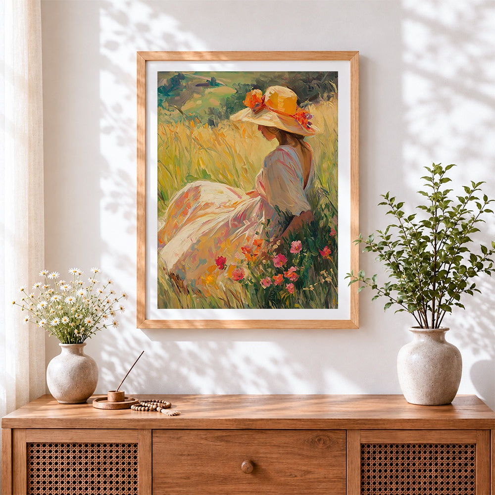 Finished woman in wheat field cross stitch artwork displayed
