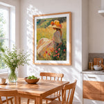 Woman in wheat field cross stitch artwork displayed on wall as home decor