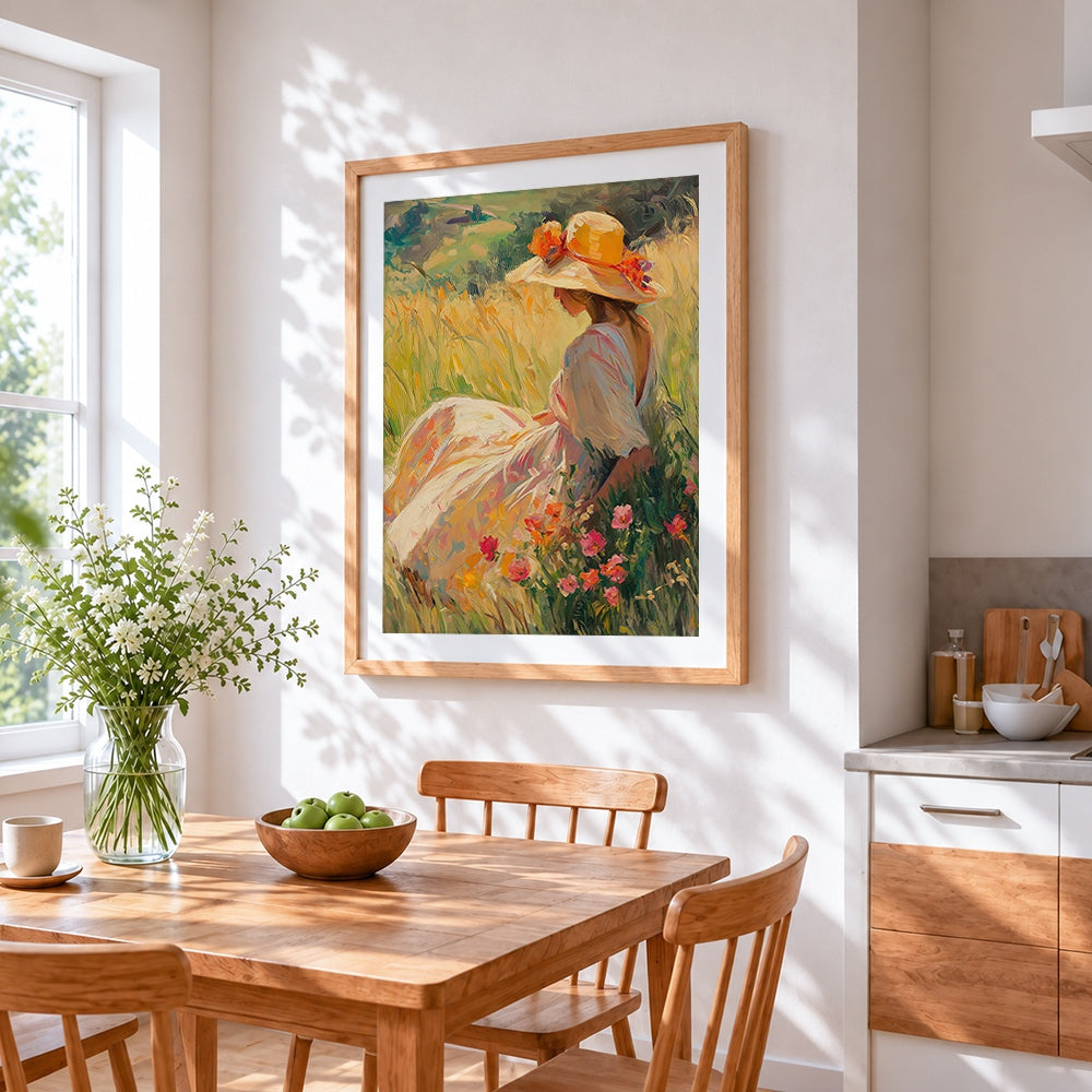 Woman in wheat field cross stitch artwork displayed on wall as home decor