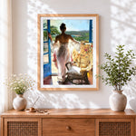 Finished woman in white dress at the door cross stitch artwork displayed