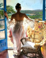 Woman in white dress at the door cross stitch kit for beginners
