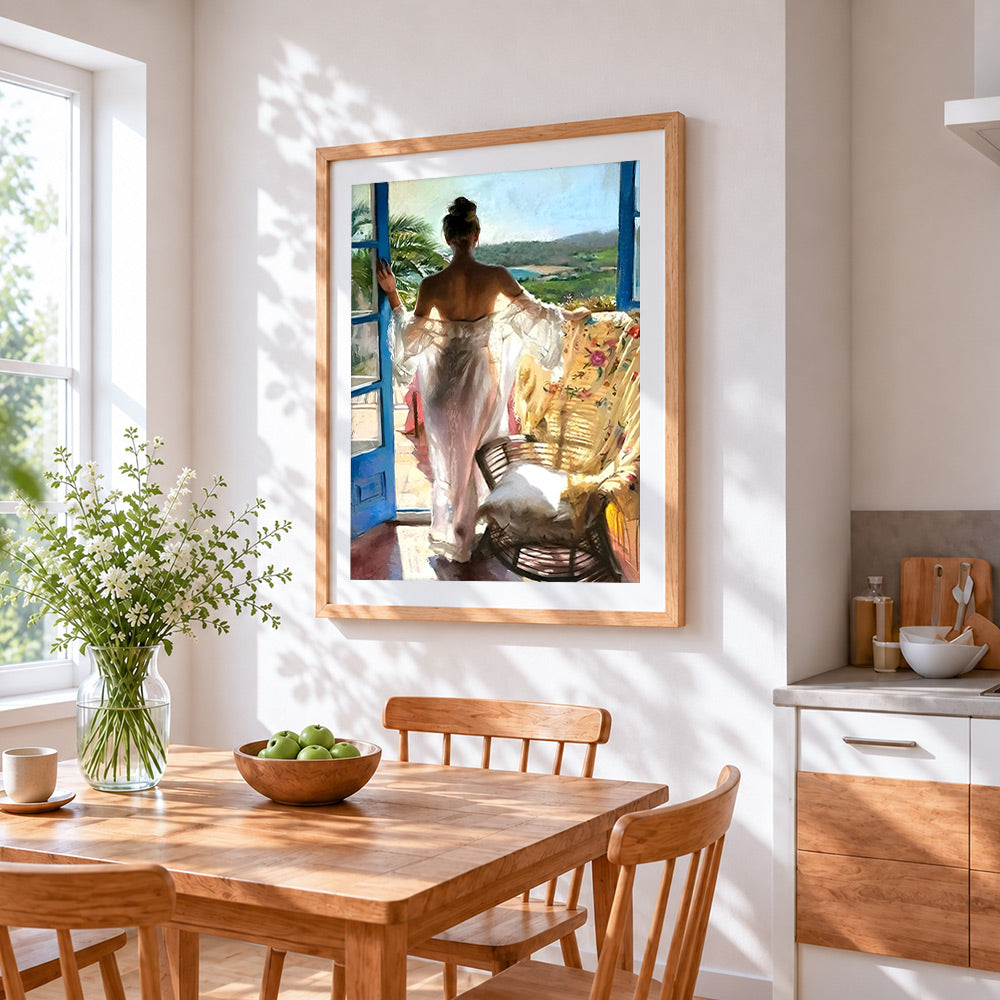 Woman in white dress at the door cross stitch artwork displayed on wall as home decor