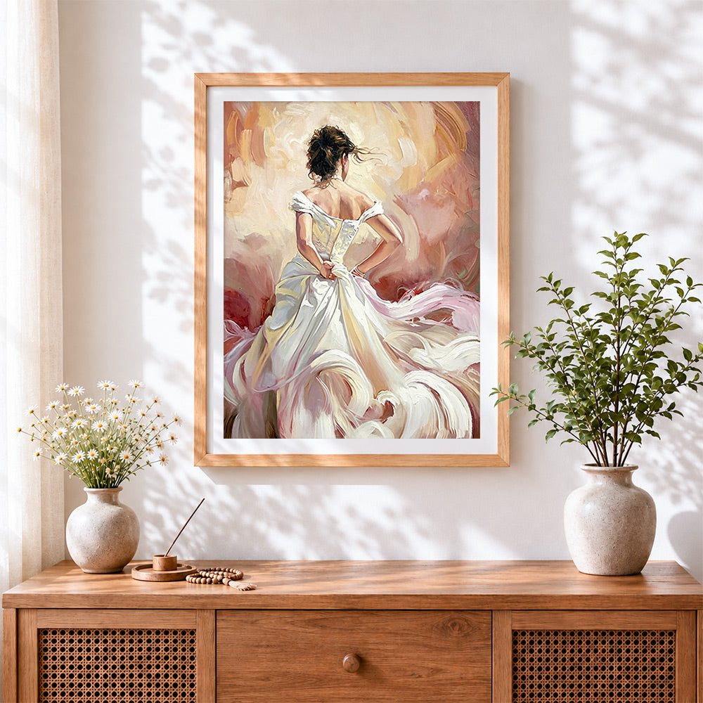 Finished woman in white dress cross stitch artwork displayed
