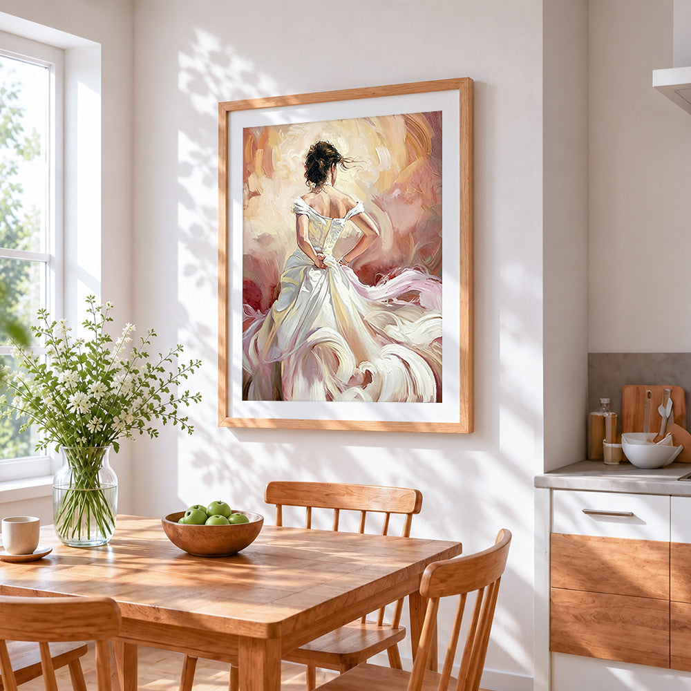 Woman in white dress cross stitch artwork displayed on wall as home decor