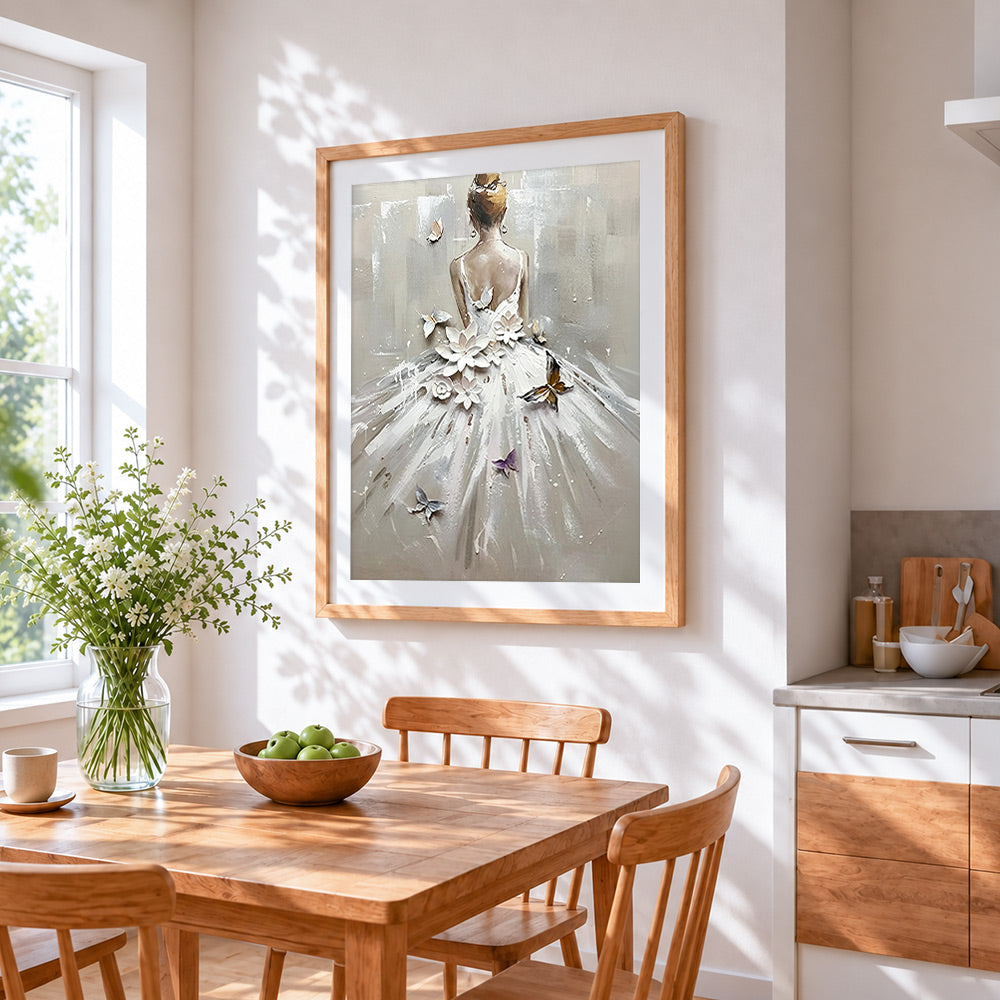 Woman in white dress with flowers and butterflies cross stitch artwork displayed on wall as home decor