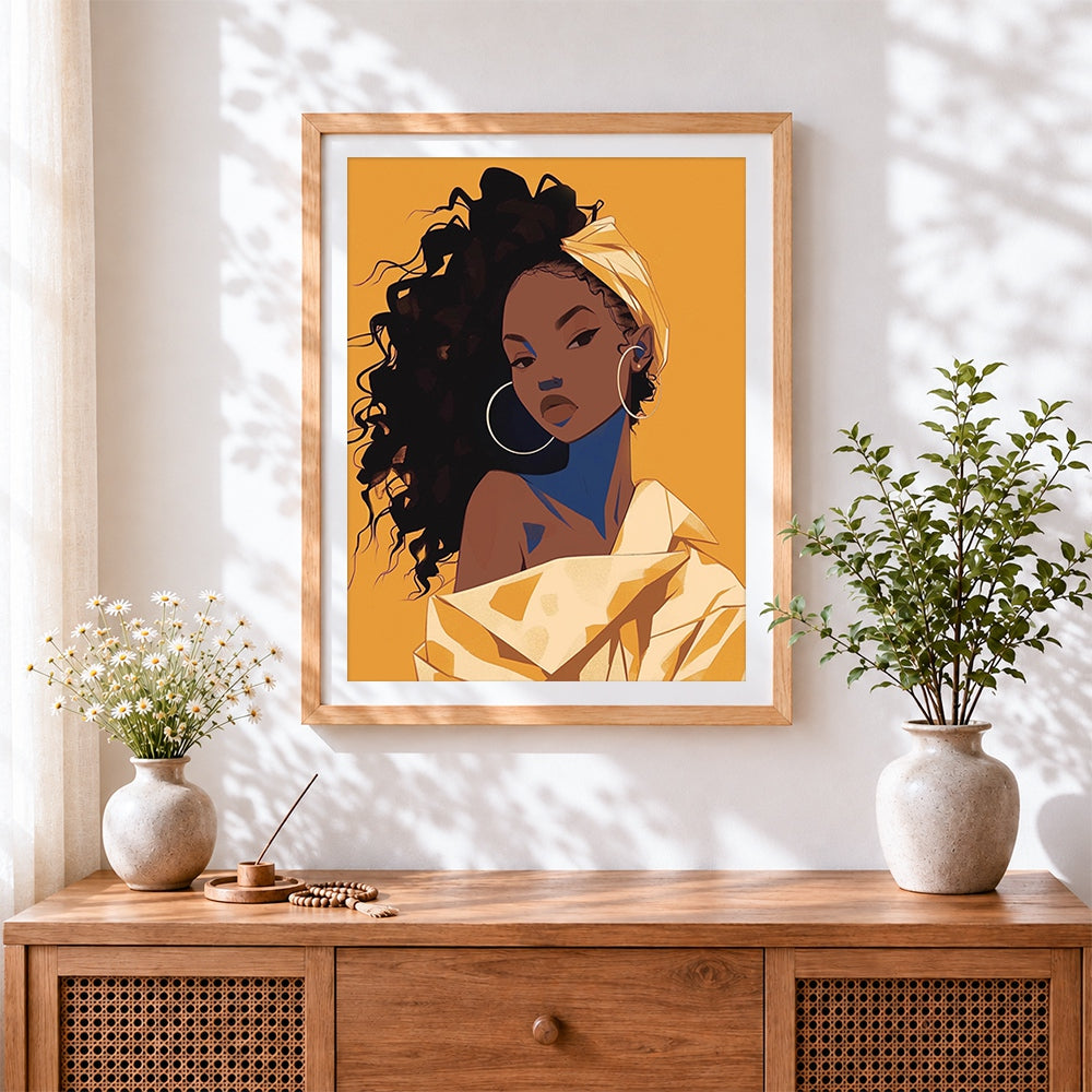 Finished woman in yellow headwrap cross stitch artwork displayed